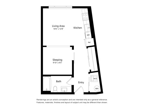 Floor plan for 1 bed, 1 bath, 552 sqft